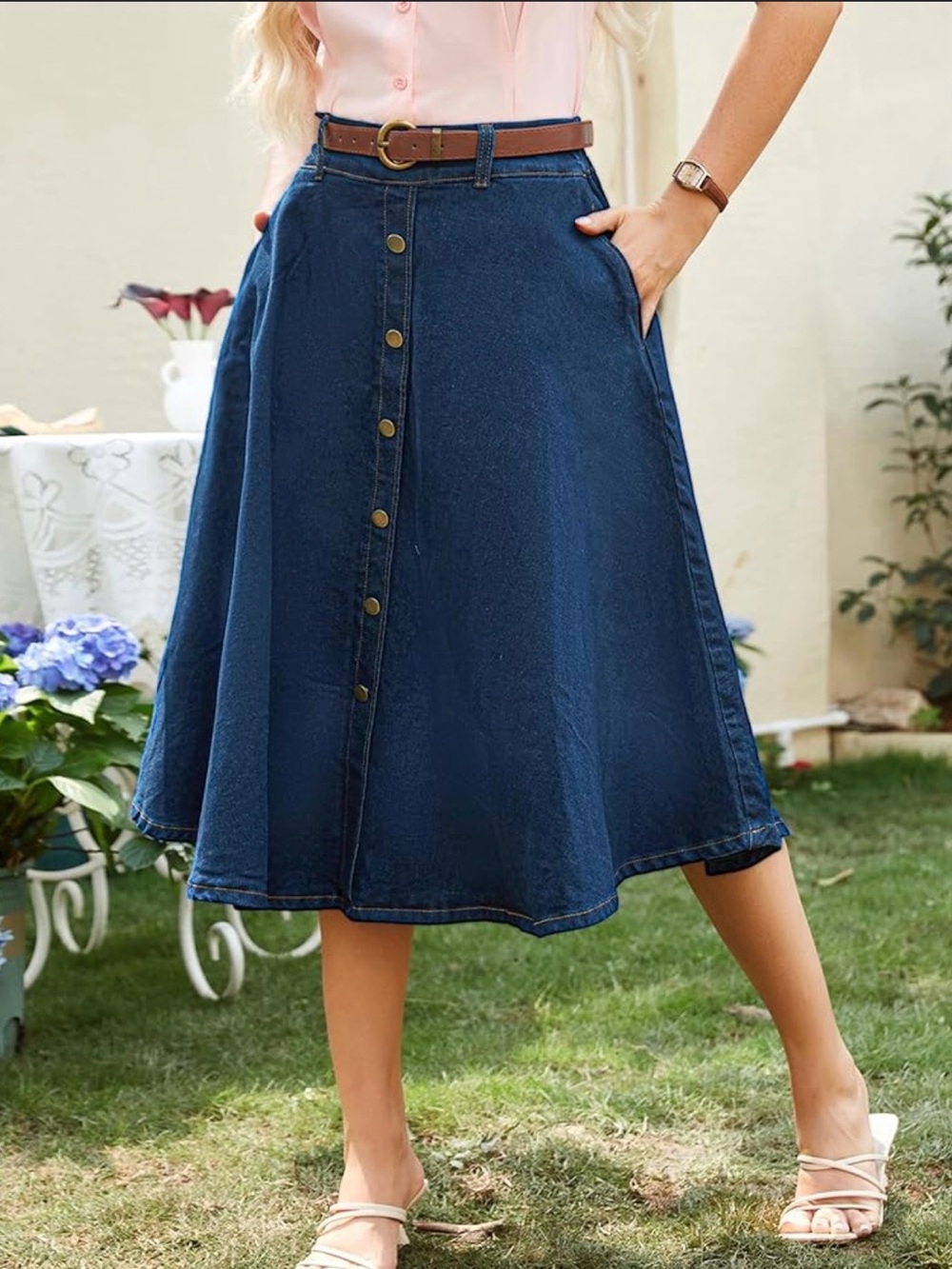 Classic Dark Blue A-Line Button-Front Denim Skirt